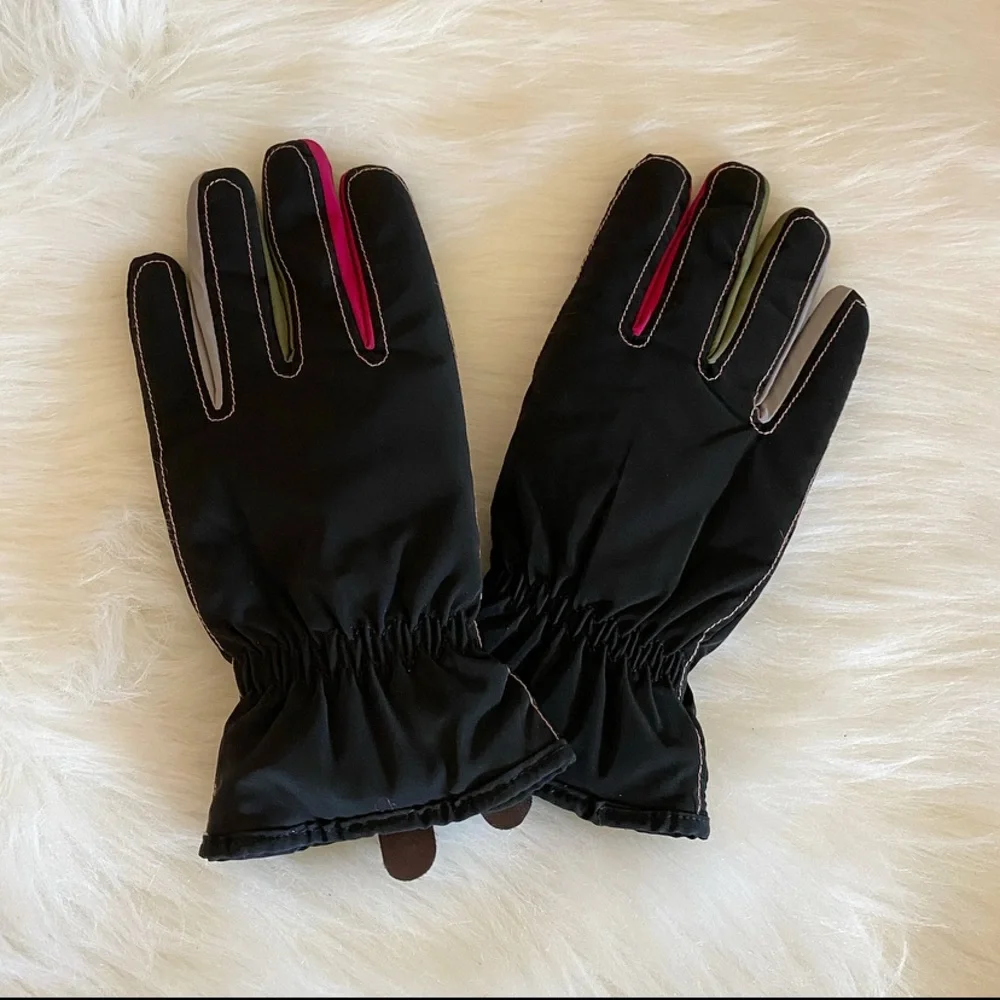 Black Gloves w Pink, Green and Grey Inner Fingers